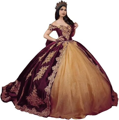 فساتين Quinceanera مزينة باللون الذهبي العتيق من Moucy فساتين Quinceanera مخملية مطرزة حلوة 16 فستان مع ذيل مكشوف الكتفين فستان ثلاثي الأبعاد مزين بالزهور 15 in Kuwait