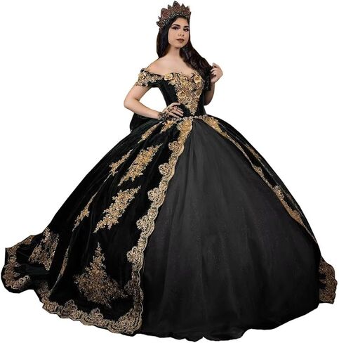 Mouccy Vintage Gold Appliques Quinceanera Dresses Velvet Beaded Sweet 16 Dresses with Train Off Shoulder 3D Floral 15 Dress in Saudi Arabia