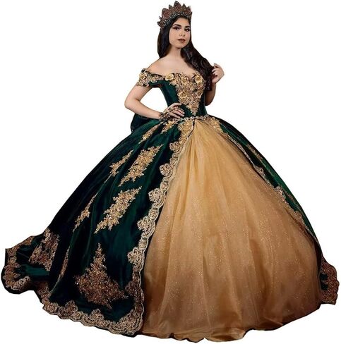 فساتين Quinceanera مزينة باللون الذهبي العتيق من Moucy فساتين Quinceanera مخملية مطرزة حلوة 16 فستان مع ذيل مكشوف الكتفين فستان ثلاثي الأبعاد مزين بالزهور 15 in Kuwait