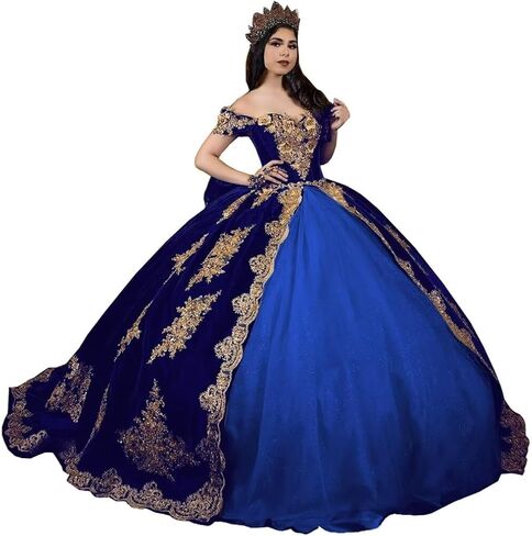 فساتين Quinceanera مزينة باللون الذهبي العتيق من Moucy فساتين Quinceanera مخملية مطرزة حلوة 16 فستان مع ذيل مكشوف الكتفين فستان ثلاثي الأبعاد مزين بالزهور 15 in Kuwait
