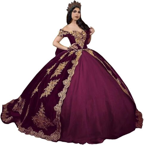 فساتين Quinceanera مزينة باللون الذهبي العتيق من Moucy فساتين Quinceanera مخملية مطرزة حلوة 16 فستان مع ذيل مكشوف الكتفين فستان ثلاثي الأبعاد مزين بالزهور 15 in Kuwait