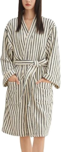 Striped Cotton Bathrobe for Women Super-Soft Terry Plush Kimono Towel Robe Long Sleeve Lounge Robe with Pockets in Saudi Arabia