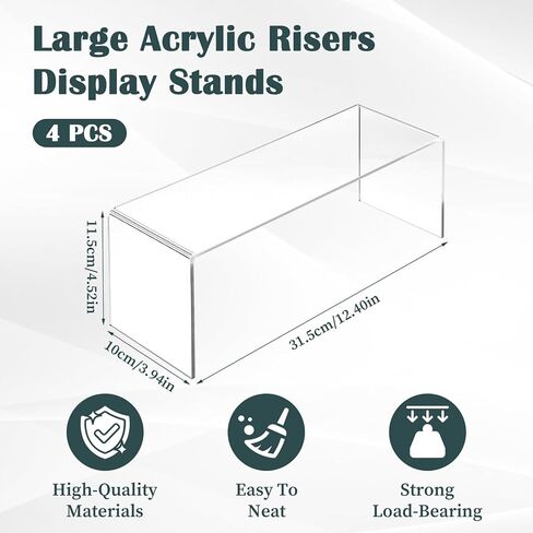 4 Pack Large Acrylic Display Risers, 4mm Thick Acrylic Risers, Clear Rectangular Display Shelf for Perfume, Collectibles, Cosmetics, Figurines, Cupcake, Dessert (12.4 x 4 x 4.5 inches) in Kuwait