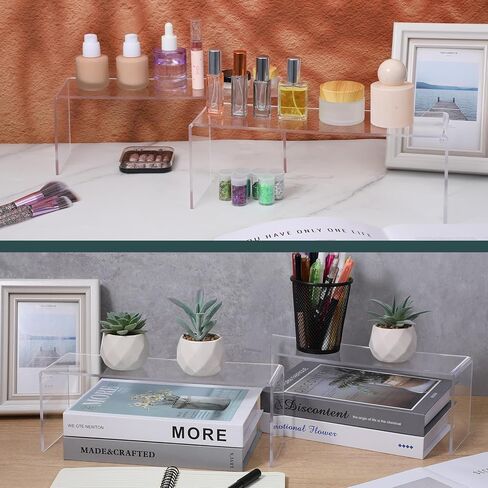 4 Pack Large Acrylic Display Risers, 4mm Thick Acrylic Risers, Clear Rectangular Display Shelf for Perfume, Collectibles, Cosmetics, Figurines, Cupcake, Dessert (12.4 x 4 x 4.5 inches) in Kuwait