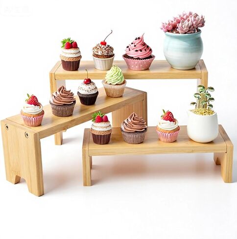3 Tier Bamboo Display Stand Risers, Independent Shelf with 3 Heights, Natural Bamboo Organizer Stand for Cupcake, Perfume, Cologne, Figurine, Spice, Cosmetic, Tiered Riser Rack for Table Display, Kitchen, Retail, Home Decor in Saudi Arabia