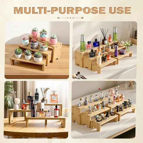 3 Tier Bamboo Display Stand Risers, Independent Shelf with 3 Heights, Natural Bamboo Organizer Stand for Cupcake, Perfume, Cologne, Figurine, Spice, Cosmetic, Tiered Riser Rack for Table Display, Kitchen, Retail, Home Decor in Saudi Arabia