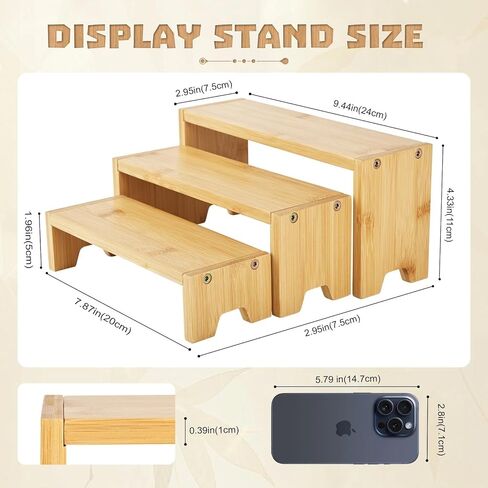 3 Tier Bamboo Display Stand Risers, Independent Shelf with 3 Heights, Natural Bamboo Organizer Stand for Cupcake, Perfume, Cologne, Figurine, Spice, Cosmetic, Tiered Riser Rack for Table Display, Kitchen, Retail, Home Decor in Saudi Arabia