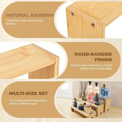 3 Tier Bamboo Display Stand Risers, Independent Shelf with 3 Heights, Natural Bamboo Organizer Stand for Cupcake, Perfume, Cologne, Figurine, Spice, Cosmetic, Tiered Riser Rack for Table Display, Kitchen, Retail, Home Decor in Saudi Arabia