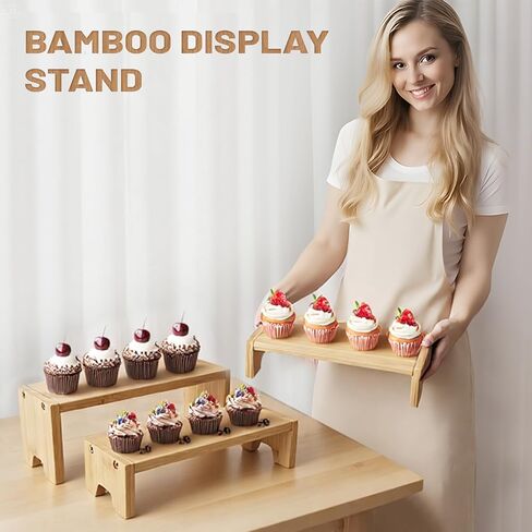 3 Tier Bamboo Display Stand Risers, Independent Shelf with 3 Heights, Natural Bamboo Organizer Stand for Cupcake, Perfume, Cologne, Figurine, Spice, Cosmetic, Tiered Riser Rack for Table Display, Kitchen, Retail, Home Decor in Saudi Arabia
