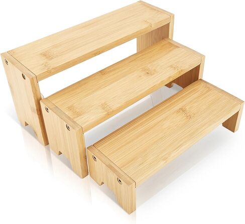 3 Tier Bamboo Display Stand Risers, Independent Shelf with 3 Heights, Natural Bamboo Organizer Stand for Cupcake, Perfume, Cologne, Figurine, Spice, Cosmetic, Tiered Riser Rack for Table Display, Kitchen, Retail, Home Decor in Saudi Arabia