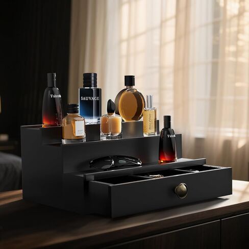 Cologne Organizer for Men, Perfume Stand, Wood Cologne Stand with Flocking Drawer and Hidden Compartment, Perfume Organizer, Cologne Display Shelf, Great Gift for Man in Kuwait