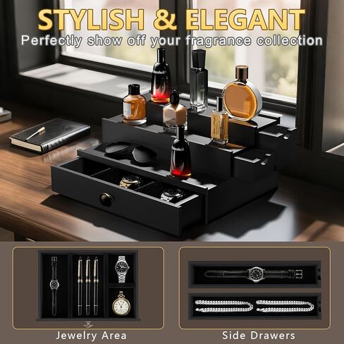 Cologne Organizer for Men, Perfume Stand, Wood Cologne Stand with Flocking Drawer and Hidden Compartment, Perfume Organizer, Cologne Display Shelf, Great Gift for Man in Kuwait