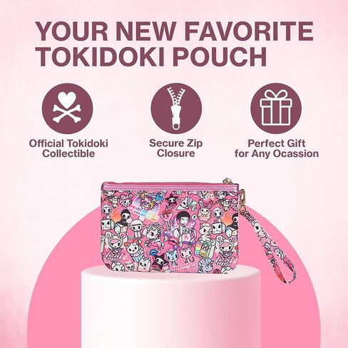 tokidoki - محفظة Y2Kawaii بسحاب - محفظة معصم - محفظة صغيرة بسحاب مع حلقة سلسلة مفاتيح - ملحق حقيبة يد نسائية - رقعة PU لامعة وردية - حزام قابل للإزالة - نايلون - أجزاء صلبة ذهبية اللون in Kuwait