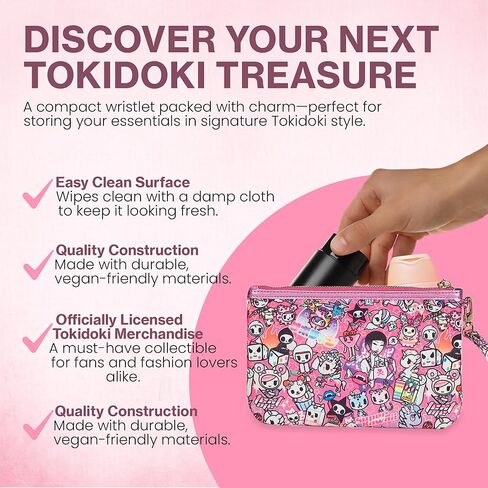 tokidoki - محفظة Y2Kawaii بسحاب - محفظة معصم - محفظة صغيرة بسحاب مع حلقة سلسلة مفاتيح - ملحق حقيبة يد نسائية - رقعة PU لامعة وردية - حزام قابل للإزالة - نايلون - أجزاء صلبة ذهبية اللون in Kuwait