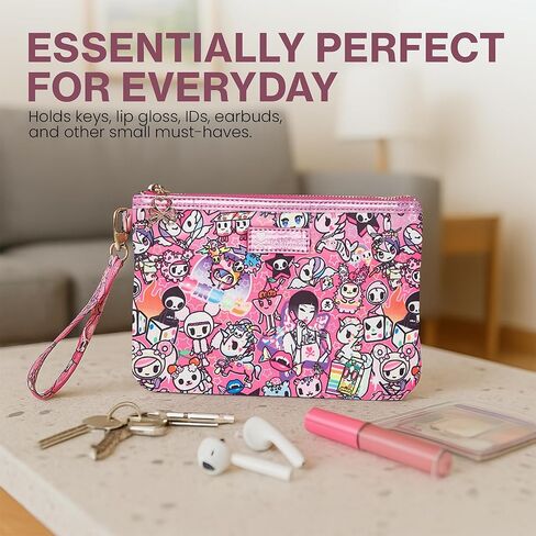 tokidoki - محفظة Y2Kawaii بسحاب - محفظة معصم - محفظة صغيرة بسحاب مع حلقة سلسلة مفاتيح - ملحق حقيبة يد نسائية - رقعة PU لامعة وردية - حزام قابل للإزالة - نايلون - أجزاء صلبة ذهبية اللون in Kuwait