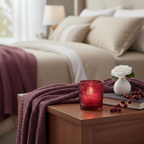 6 Pack Sun Moon Star Embossed Glass Tea Light Candle Holders - Votive Candle Holders for Wedding, Party, Home Decor, and Table Centerpieces (Wildberry Red) in Saudi Arabia
