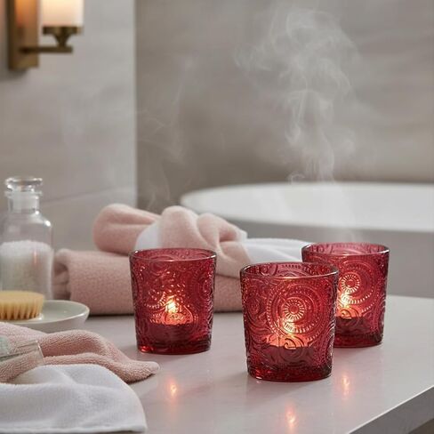 6 Pack Sun Moon Star Embossed Glass Tea Light Candle Holders - Votive Candle Holders for Wedding, Party, Home Decor, and Table Centerpieces (Wildberry Red) in Saudi Arabia