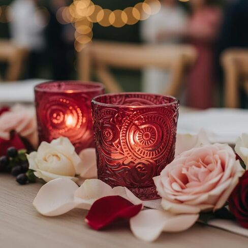 6 Pack Sun Moon Star Embossed Glass Tea Light Candle Holders - Votive Candle Holders for Wedding, Party, Home Decor, and Table Centerpieces (Wildberry Red) in Saudi Arabia