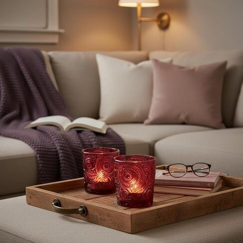 6 Pack Sun Moon Star Embossed Glass Tea Light Candle Holders - Votive Candle Holders for Wedding, Party, Home Decor, and Table Centerpieces (Wildberry Red) in Saudi Arabia