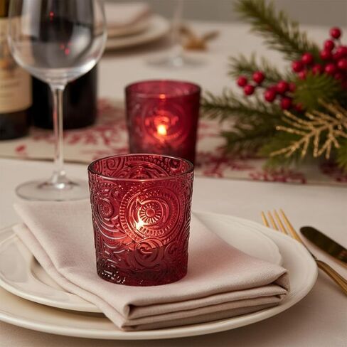 6 Pack Sun Moon Star Embossed Glass Tea Light Candle Holders - Votive Candle Holders for Wedding, Party, Home Decor, and Table Centerpieces (Wildberry Red) in Saudi Arabia