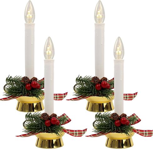 Traditions Flameless Window Candles, 4-Pack Battery Operated LED Taper Candles with Auto-Timer & Gold Holders for Christmas, Holiday & Year-Round Home Ambiance in Saudi Arabia