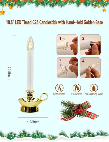 Traditions Flameless Window Candles, 4-Pack Battery Operated LED Taper Candles with Auto-Timer & Gold Holders for Christmas, Holiday & Year-Round Home Ambiance in Saudi Arabia