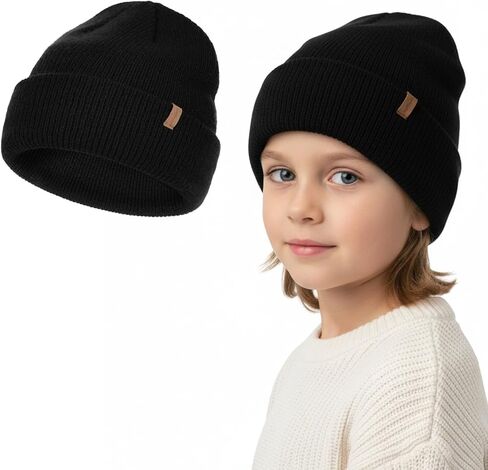 Kids Black Knit Beanie, 2-8 Years Thick Winter Cap for Cold Weather Protection in Saudi Arabia