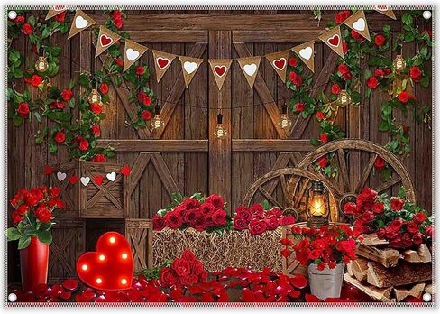 Zthmoe 7x5ft Polyester Valentine's Day Rustic Barn Door Red Rose Photography Backdrop Romantic Wooden House Background Vintage Banner Light Decorations زوجين من الدعائم in Saudi Arabia