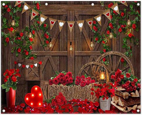 Zthmoe 7x5ft Polyester Valentine's Day Rustic Barn Door Red Rose Photography Backdrop Romantic Wooden House Background Vintage Banner Light Decorations زوجين من الدعائم in Saudi Arabia