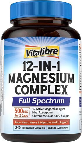 12 in 1 Magnesium Complex Supplement 500mg | Max Absorption Chelated Magnesium Glycinate Citrate Malate & More for Bone, Nerve & Digestive Support | Non-GMO Vegan Capsules (120 Count) in Saudi Arabia