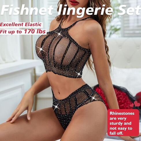 Sexy Lingerie For Women Naughty Sparkle Rhinestone Fishnet Lingerie Set Crotchless Erotic Rave Mesh Bodysuits Outfit in Saudi Arabia