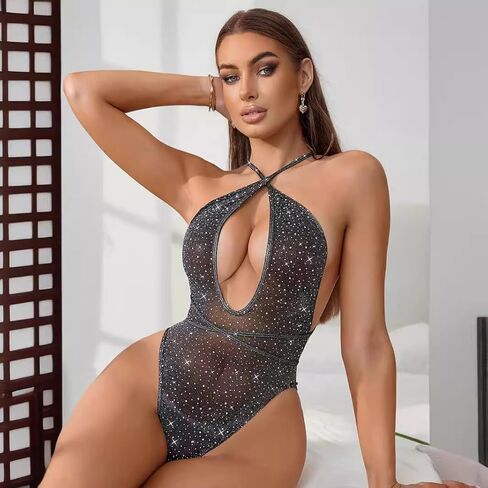 Sexy Lingerie for Women Naughty Outfits Sparkle Fishnet Bodysuits See Through Babydoll Teddy Lingerie Black in Saudi Arabia