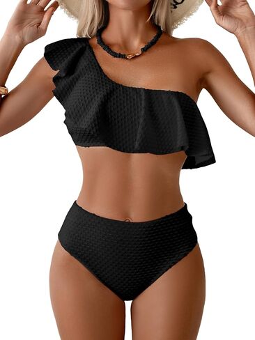 Women's High Waisted Bikini Sets One Shoulder Ruffle Two Piece Swimsuit Tummy Control Bathing Suit in Saudi Arabia