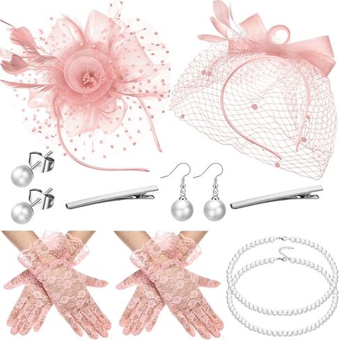 Zhanmai 12 Pcs Tea Party Accessory Bride Fascinators Hat for Wedding Women Halloween Glove Headband Necklace Bracelet in Saudi Arabia
