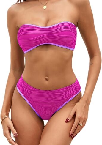 ZAFUL Women's Strapless Bikini Set Textured Color Block Bandeau Bikini Swimsuits Two Piece Cheeky High Cut Bathing Suits (Brown-Beige, M) in Saudi Arabia