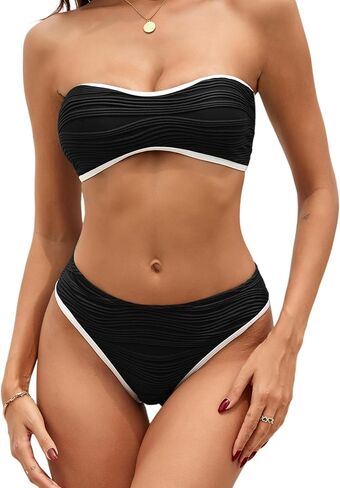 ZAFUL Women's Strapless Bikini Set Textured Color Block Bandeau Bikini Swimsuits Two Piece Cheeky High Cut Bathing Suits (Brown-Beige, M) in Kuwait