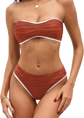 ZAFUL Women's Strapless Bikini Set Textured Color Block Bandeau Bikini Swimsuits Two Piece Cheeky High Cut Bathing Suits (Brown-Beige, M) in Saudi Arabia