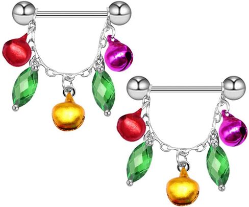 Kokoma Tassel Jingle Bell Nipple Rings for Women 14G Christmas Red Green Bells Nipple Piercing Nipple Shield CZ Crystal Nipplerings Barbell Xmas Party Body Piercing Jewelry in Saudi Arabia
