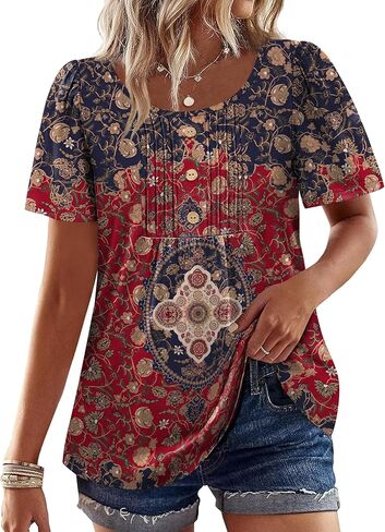 Womens Tops Dressy Casual Blouses Short Sleeve Shirts Plus Size Fashion Clothing Spring Summer Outfits Button Pleated Front in Kuwait