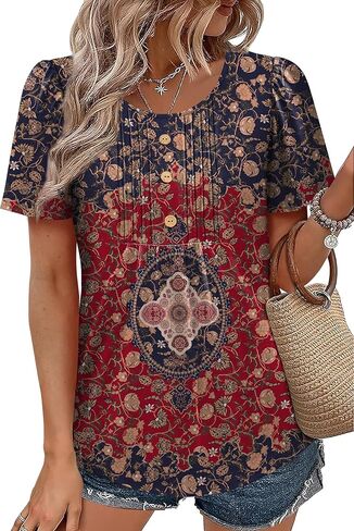 Womens Tops Dressy Casual Blouses Short Sleeve Shirts Plus Size Fashion Clothing Spring Summer Outfits Button Pleated Front in Kuwait