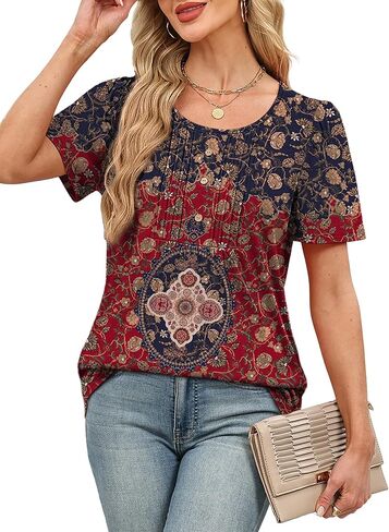 Womens Tops Dressy Casual Blouses Short Sleeve Shirts Plus Size Fashion Clothing Spring Summer Outfits Button Pleated Front in Kuwait
