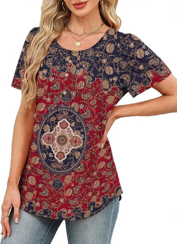 Womens Tops Dressy Casual Blouses Short Sleeve Shirts Plus Size Fashion Clothing Spring Summer Outfits Button Pleated Front in Kuwait