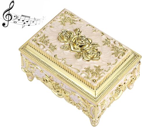 ELLDOO Vintage Music Box, Beige Metal Musical Jewelry Box Keepsake Box, Small Trinket Jewelry Storage Box Gift for Girl Women (Tune: You are My Sunshine), Gold Rose Pattern in Saudi Arabia