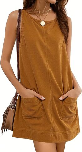 Hooever Women's Corduroy Overall Dress Round Neck A Line Skirtall Jumper Mini Dress Pinafore with Pockets in Kuwait