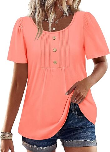 Womens Tops Dressy Casual Blouses Short Sleeve Shirts Plus Size Fashion Clothing Spring Summer Outfits Button Pleated Front in Kuwait
