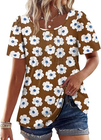 Womens Tops Dressy Casual Blouses Short Sleeve Shirts Plus Size Fashion Clothing Spring Summer Outfits Button Pleated Front in Kuwait