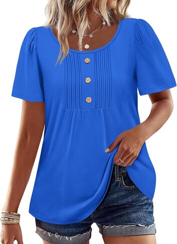 Womens Tops Dressy Casual Blouses Short Sleeve Shirts Plus Size Fashion Clothing Spring Summer Outfits Button Pleated Front in Kuwait