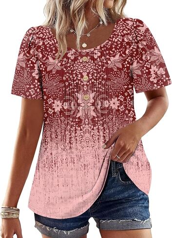 Womens Tops Dressy Casual Blouses Short Sleeve Shirts Plus Size Fashion Clothing Spring Summer Outfits Button Pleated Front in Kuwait