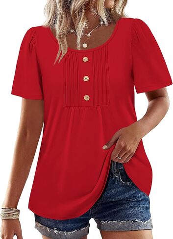 Womens Tops Dressy Casual Blouses Short Sleeve Shirts Plus Size Fashion Clothing Spring Summer Outfits Button Pleated Front in Kuwait