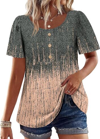 Womens Tops Dressy Casual Blouses Short Sleeve Shirts Plus Size Fashion Clothing Spring Summer Outfits Button Pleated Front in Kuwait